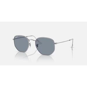 Ray-Ban Hexagonal Metal Sunglasses Silver Frame with Blue Lenses